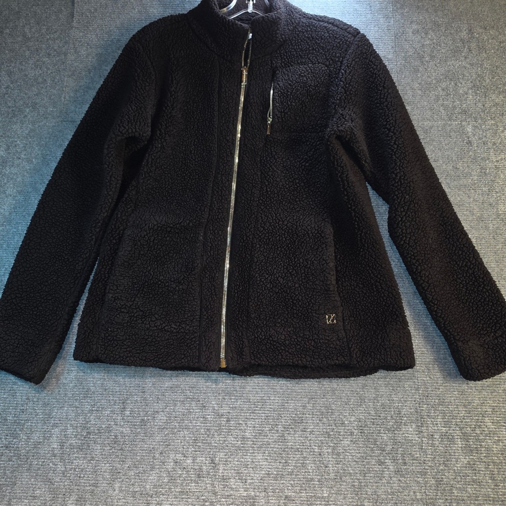 Calvin Klein Sherpa Fleece Jacket Women Small Black Good Full Zip Mock Neck